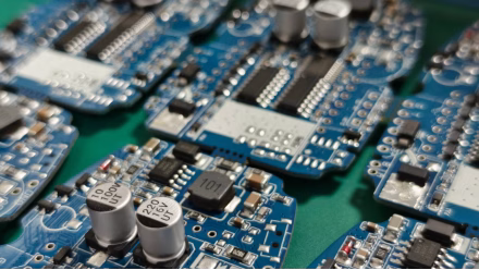 Close-up of blue printed circuit boards with capacitors, resistors and integrated circuits.