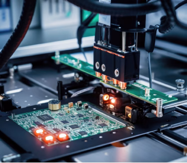 Close-up of a printed circuit board on a test rig with a robotic probing head above; several red LEDs are lit.