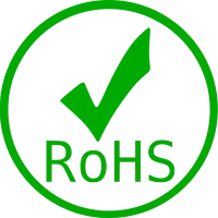 RoHS compliance logo with a green check inside a circular border, indicating compliance.