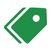 Green price tag icon with a hole for string, angled to the left