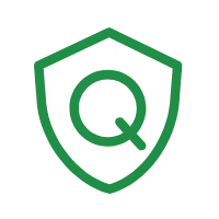 Green shield emblem with a circular Q at its center, symbolizing protection or security.